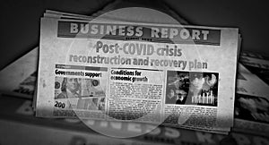 Post-COVID crisis reconstruction and recovery plan retro newspaper illustration