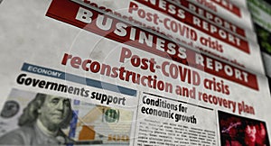 Post-COVID crisis reconstruction and recovery plan retro newspaper illustration