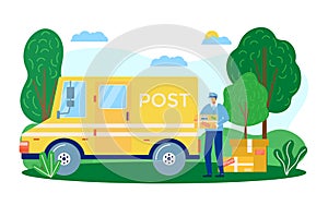Post delivery service, vector illustration, man courier character stand near car transport, fast mail and package parcel