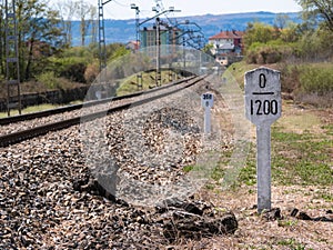 Post of elevation change railroad signal indicating the declination of the track 0 and the length in meters 1200