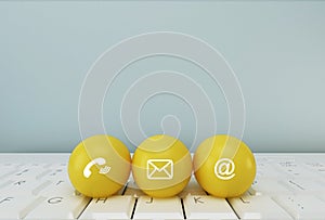 Post icons yellow sphere symbol telephone, mail, address and mobile phone. Contact Methods concept on website page or e-mail
