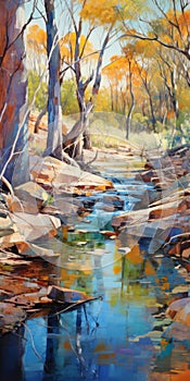 Post-impressionism Scene: Gusty Australia By The Creek In Vibrant Green