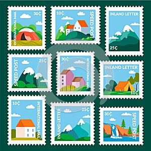 Post mark design set with cartoon nature landscape