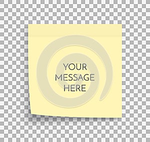 Post note paper sheet. Sticky sticker. Vector office memo template. Blank yellow square adhesive sticker mock up.