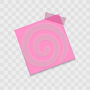 Post note paper sticker pin with sticky tape on transparent background. Vector.