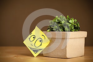Post-it note with smiley face sticked on flowerpot