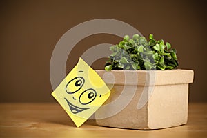 Post-it note with smiley face sticked on flowerpot