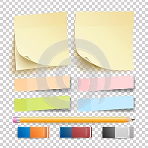 Post Note Sticker Vector. Set. Eraser And Pencil. Good For Advertising Design. Rainbow Memory Pads. Realistic