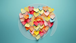 Post-it notes assembled in heart shape. Concept of loving your work and fall in love in the office