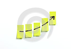 Post it notes with growing rising business graph