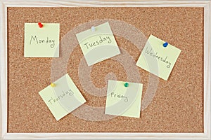 Post-it notes with weekdays sticked on corkboard