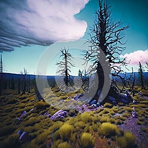 Post-nuclear Wilderness. Landscape transformed by nuclear fallout, featuring mutated flora