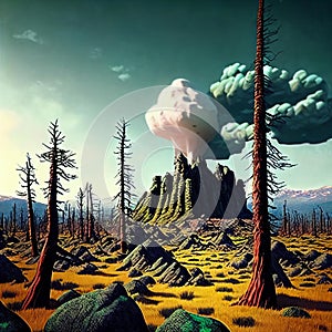 Post-nuclear Wilderness. Landscape transformed by nuclear fallout, featuring mutated flora