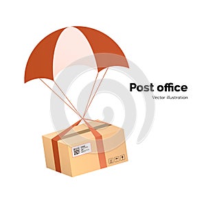 Post office. airmail delivery service. Packege with label, QR code. parcel with parachute for shipping, flat vector illustration