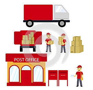Post office, boxes, postman,Delivery truck. Delivery Concept. Vector flat