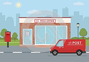 Post office building, delivery truck and mailbox on city background.