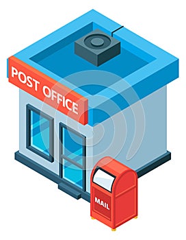 A post office building with a red mailbox in front of it