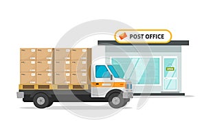 Post office cargo truck or vehicle loaded parcel boxes vector illustration, flat cartoon postoffice storage building and