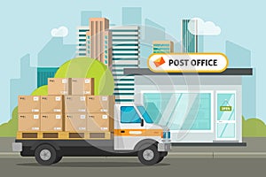 Post office on city street and cargo truck loaded parcel boxes vector illustration, flat cartoon postoffice storage