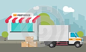 Post office on city street and cargo truck loading or delivered parcel boxes vector illustration, flat cartoon