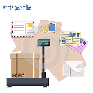 At the post-office flat vector illustration setes. Flat vector illustration