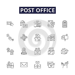 Post office line vector icons and signs. Mail, Postman, Courier, Delivery, Stamp, Letter, Package, Postal outline vector