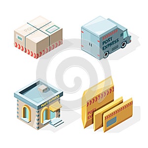Post office. Mail and package delivery service cargo postbox mailman worker vector isometric pictures