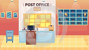 Post Office, Postage, Mail Delivery Service Concept. Modern Interior Of Empty Post Office With Mailbox, PO Box, Scales