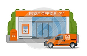 Post office service with postman riding car for delivery. Vector illustration isolated on background. Correspondence