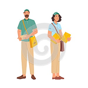 Post office workers, postmen man woman in uniform