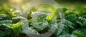 Post-Rain Gleam on Soybean Sprouts. Concept Agriculture, Growth, Soil Health, Weather Impacts,