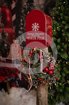 Post from the Santa, Christmas decoration with christmas tree and lights