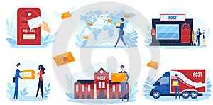 Post service vector illustration, cartoon flat postal infographic banner collection with postman character shipping