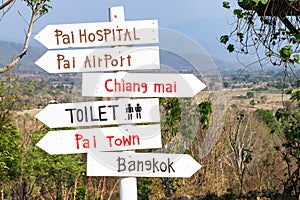 Post with signs of places in Pai - Thailand.