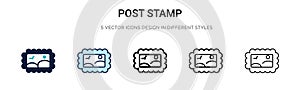 Post stamp icon in filled, thin line, outline and stroke style. Vector illustration of two colored and black post stamp vector