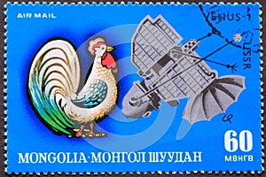 Post stamp from Mongolia with image of rooster and Venus 1