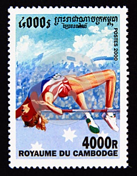 Postage stamp Cambodia 2000. High Jump athlete in action