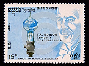 Postage stamp Cambodia 1992. Thomas Alva Edison portrait and light bulb