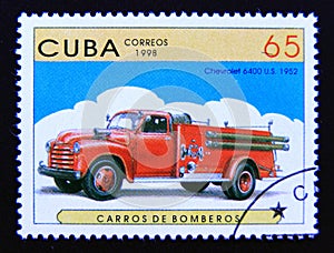 Postage stamp Cuba 1998. 1952 Chevrolet 6400 fire truck