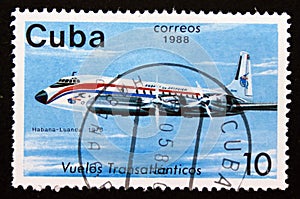 Postage stamp Cuba, 1988, Douglas DC-7 airplane 1975