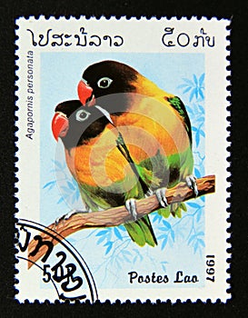 Postage stamp Laos, 1997. Masked Lovebird Agapornis personata bird