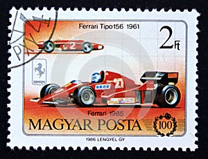 Postage stamp Magyar, Hungary, 1986, Ferrari Tipo 156 and Ferrari 1985