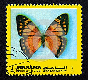 Postage stamp Manama, 1972. Aega Morpho Morpho aega butterfly