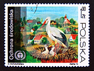 Postage stamp Poland, 1973. White Stork nest Ciconia ciconia bird
