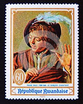 Postage stamp Rwanda, 1969. The singing boy by Frans Hals Painting