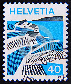 Postage stamp Switzerland, Helvetia, 1973, Riex Waadt landscape