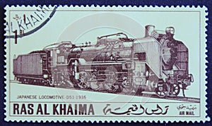 Post stamp printed in  ras al khaima. Japanese locomotive