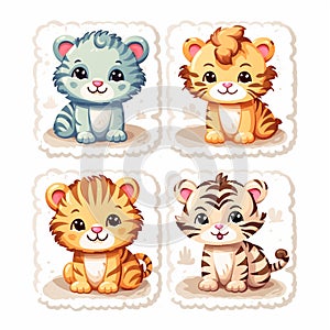 post stamp set of Cuddly tigers cute cartoon on white background generative AI