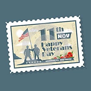 Post stamp with Soldiers holding an American flag. Veterans Day