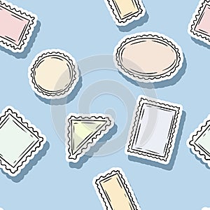 Post stamp stickers seamless pattern. Colorful label background